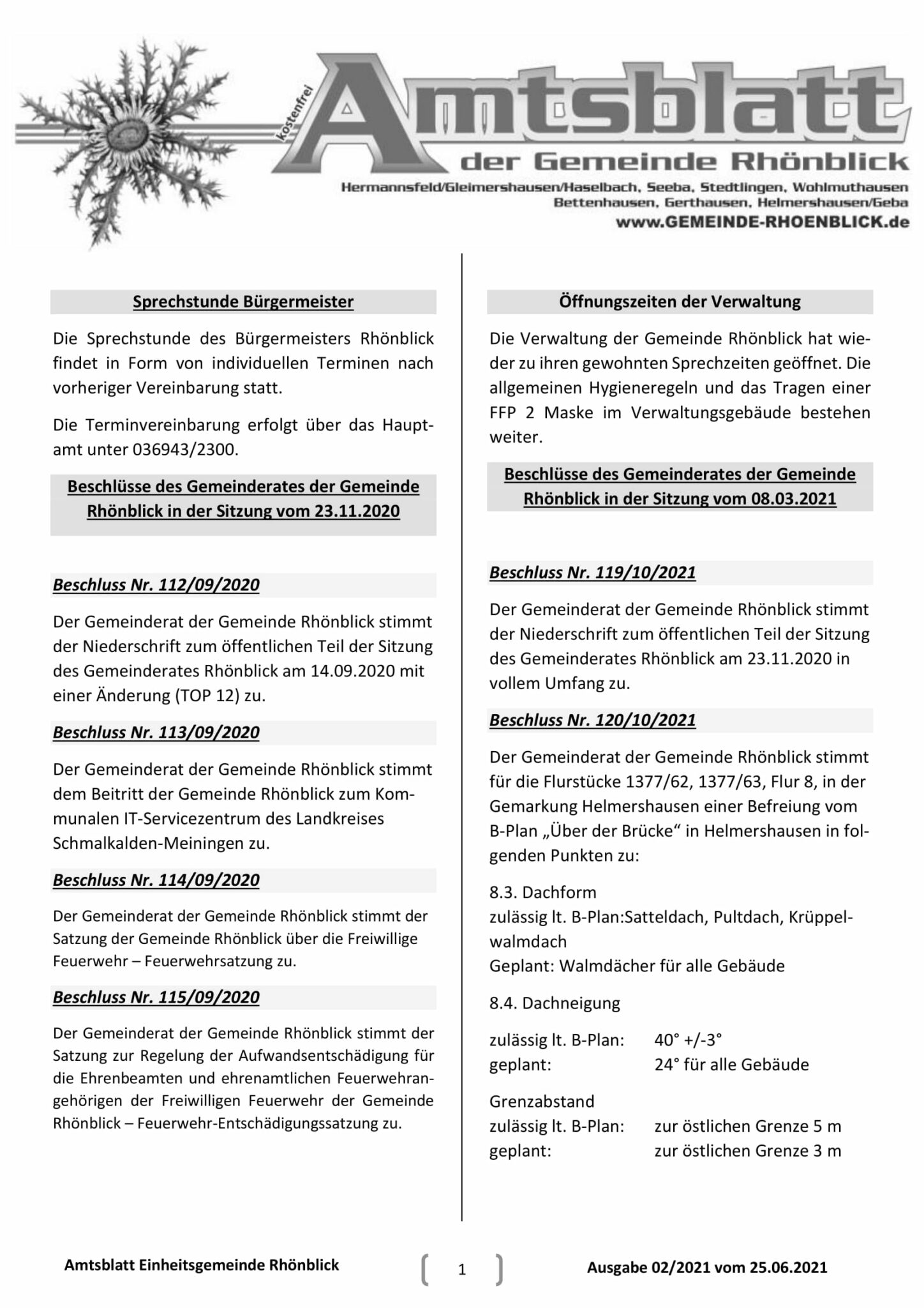 Amstblatt Gemeinde Rhönblick Juli 2021 Rhönkanal Schafe Videos