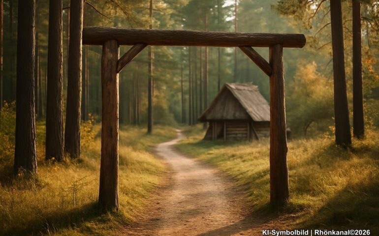 Eingangsportal zum Germanendorf im Wald auf dem Zögelsberg