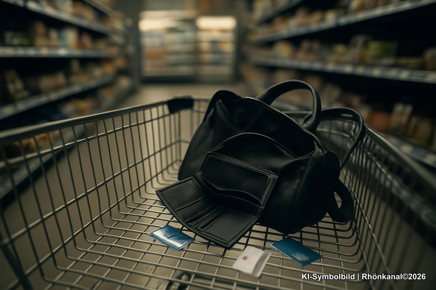 Symbolbild: offener Einkaufswagen mit sichtbar leerer Brieftasche (ohne Personen oder Logos).
