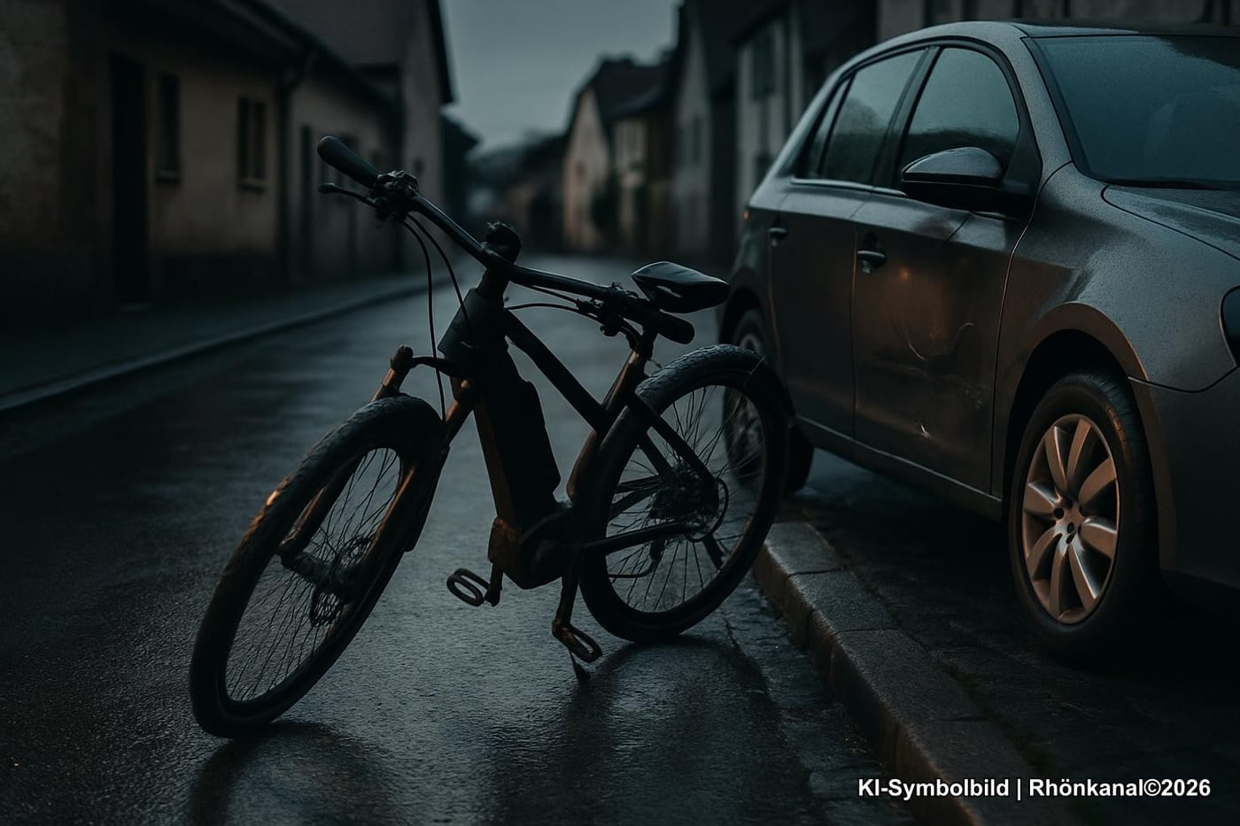 Symbolbild: Beschädigtes Pedelec neben einem Pkw – Darstellung einer Fahrrad‑Pkw‑Kollision ohne Personen, Kennzeichen oder Logos.