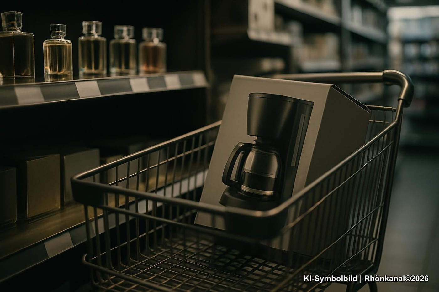 Symbolbild: Supermarktregal mit Parfümflakons und verpackter Kaffeemaschine auf Einkaufswagen