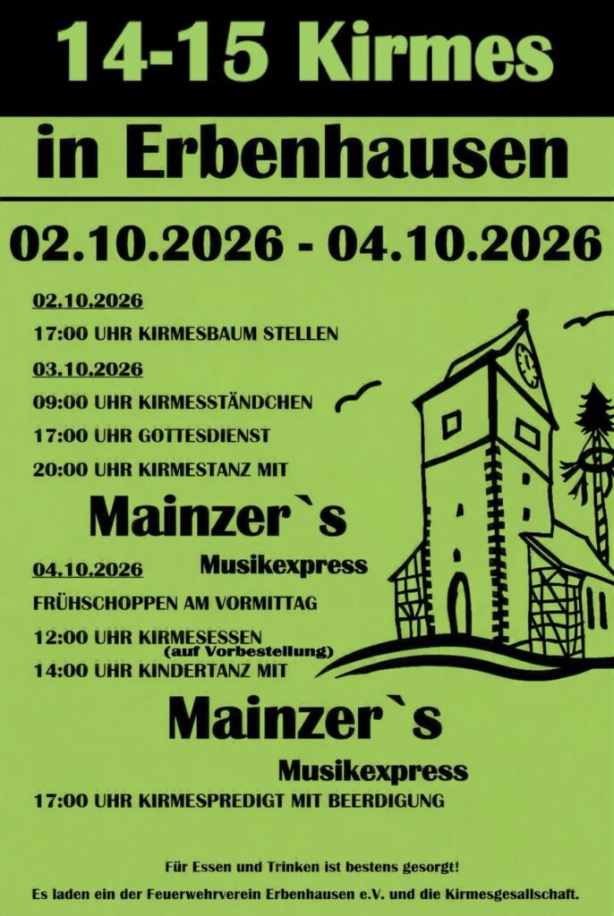 Kirmes in Erbenhausen: Programm vom 2. bis 4. Oktober 2026 steht fest 2.10. – 4.10.26