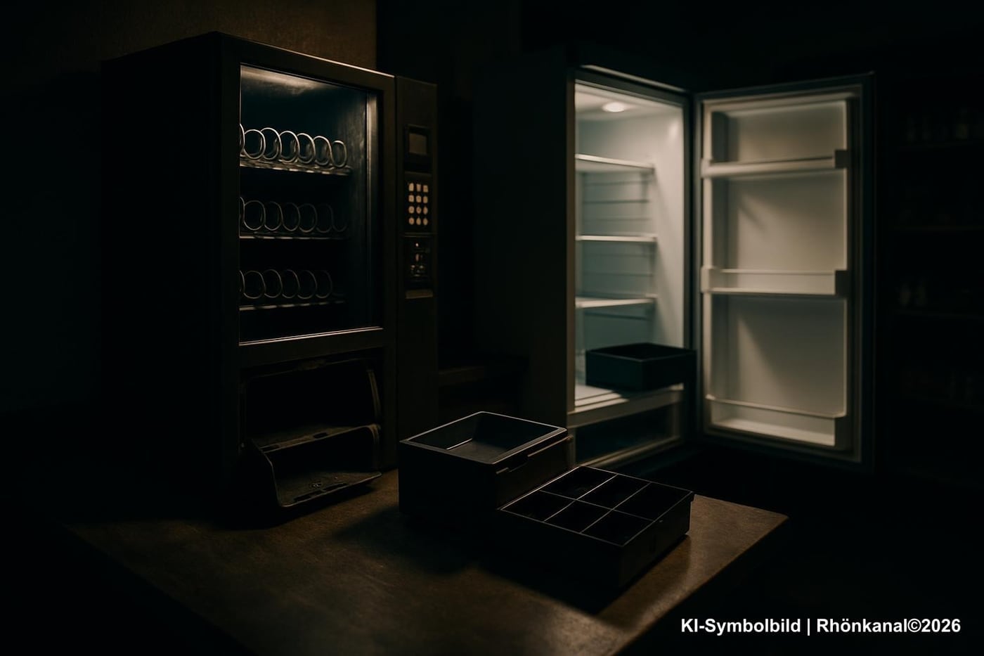 Aufgebrochener Selbstbedienungsautomat und geöffneter Kühlschrank als Symbol für den Einbruch in Poppenhausen‑Steinwand.