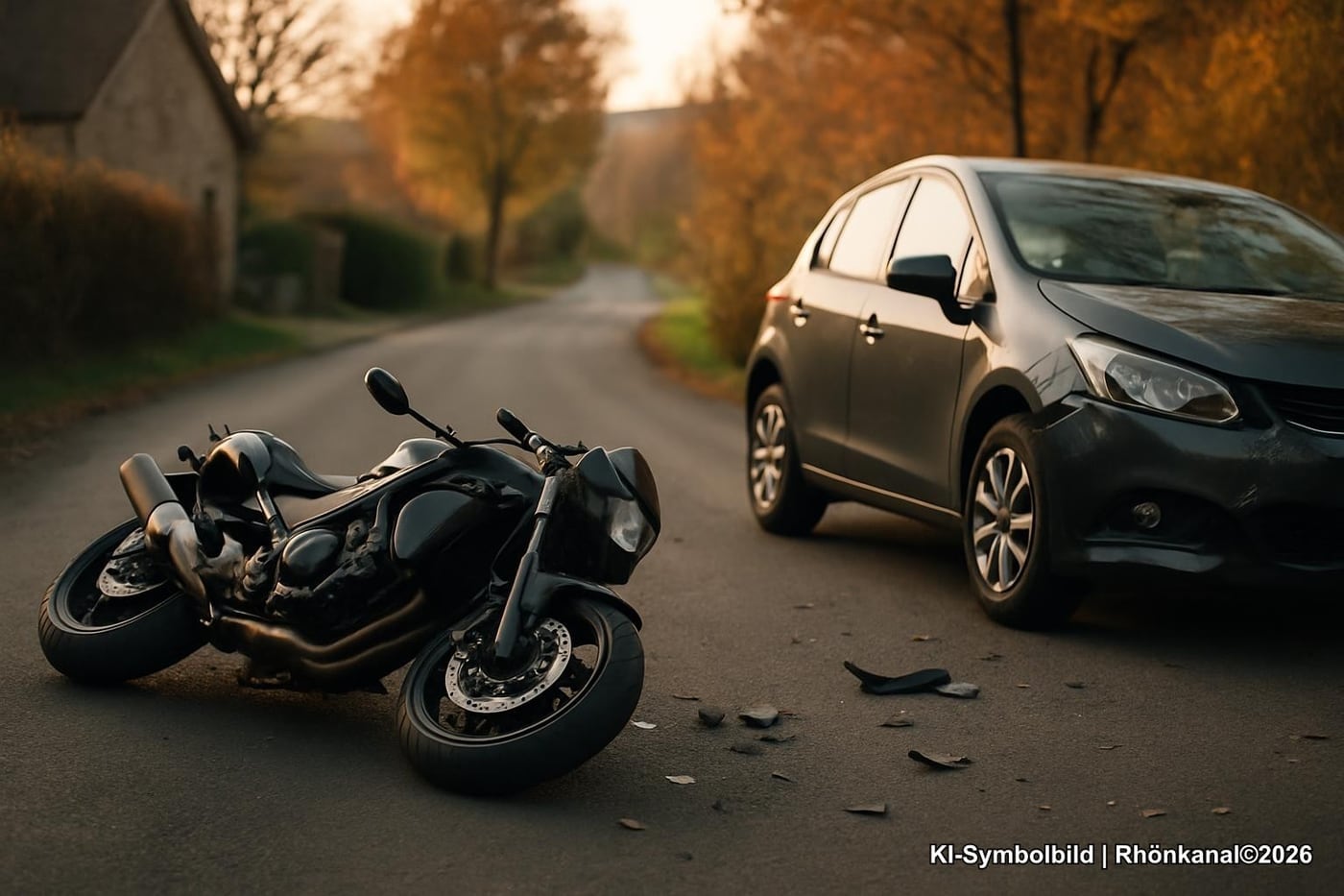 Symbolbild: Motorrad und Pkw an einer Dorfstraße nach einem Unfall (ohne Personen und Kennzeichen).