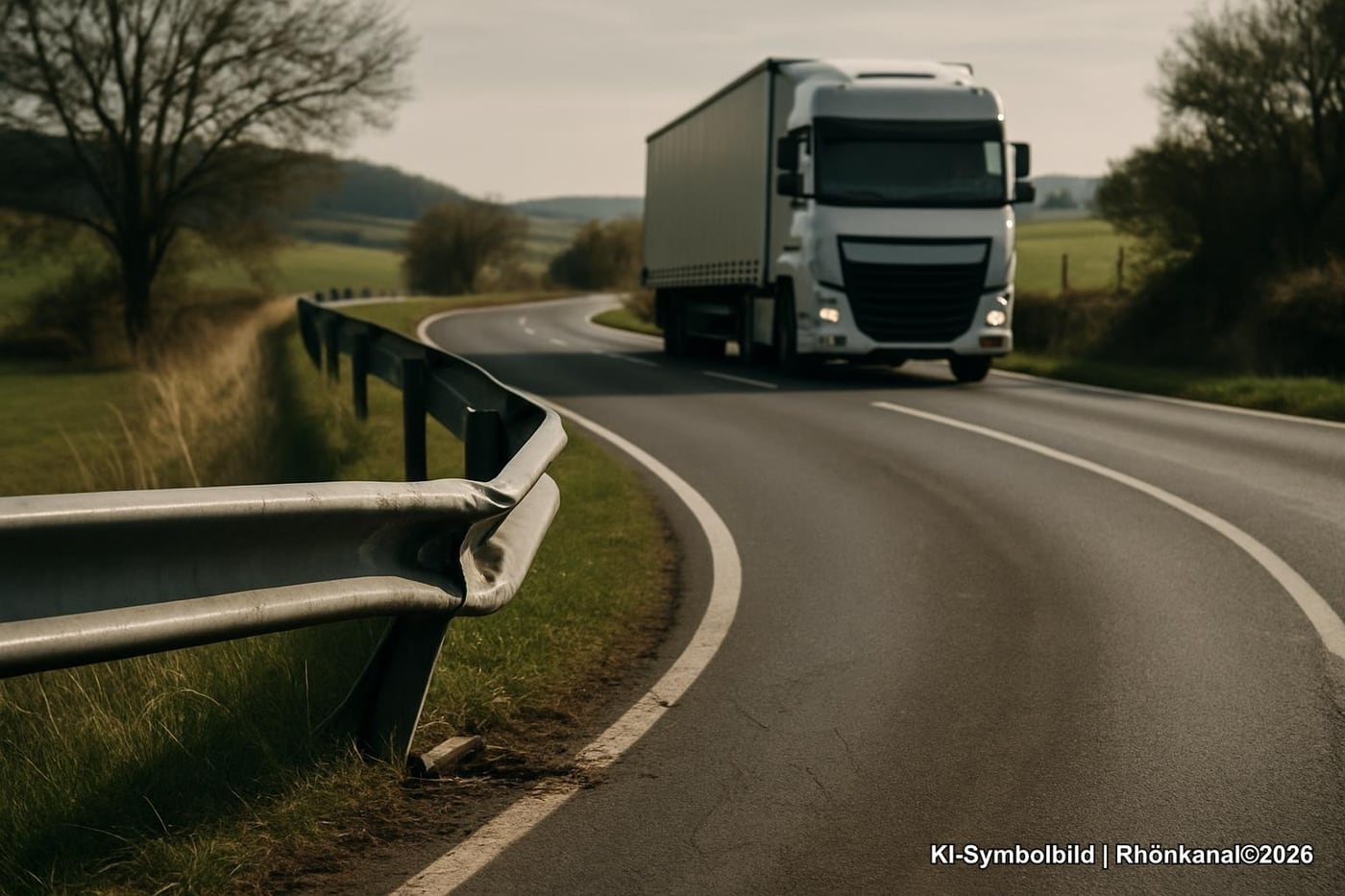 Symbolbild: Landstraße mit scharfer Kurve, Leitplanke und vorbeifahrendem Lkw (ohne erkennbare Kennzeichen)