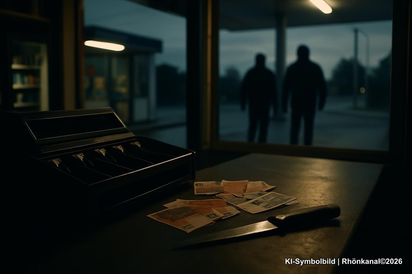 Symbolbild: Tankstellen-Kiosk mit offener Kasse und Geldscheinen auf dem Tresen.