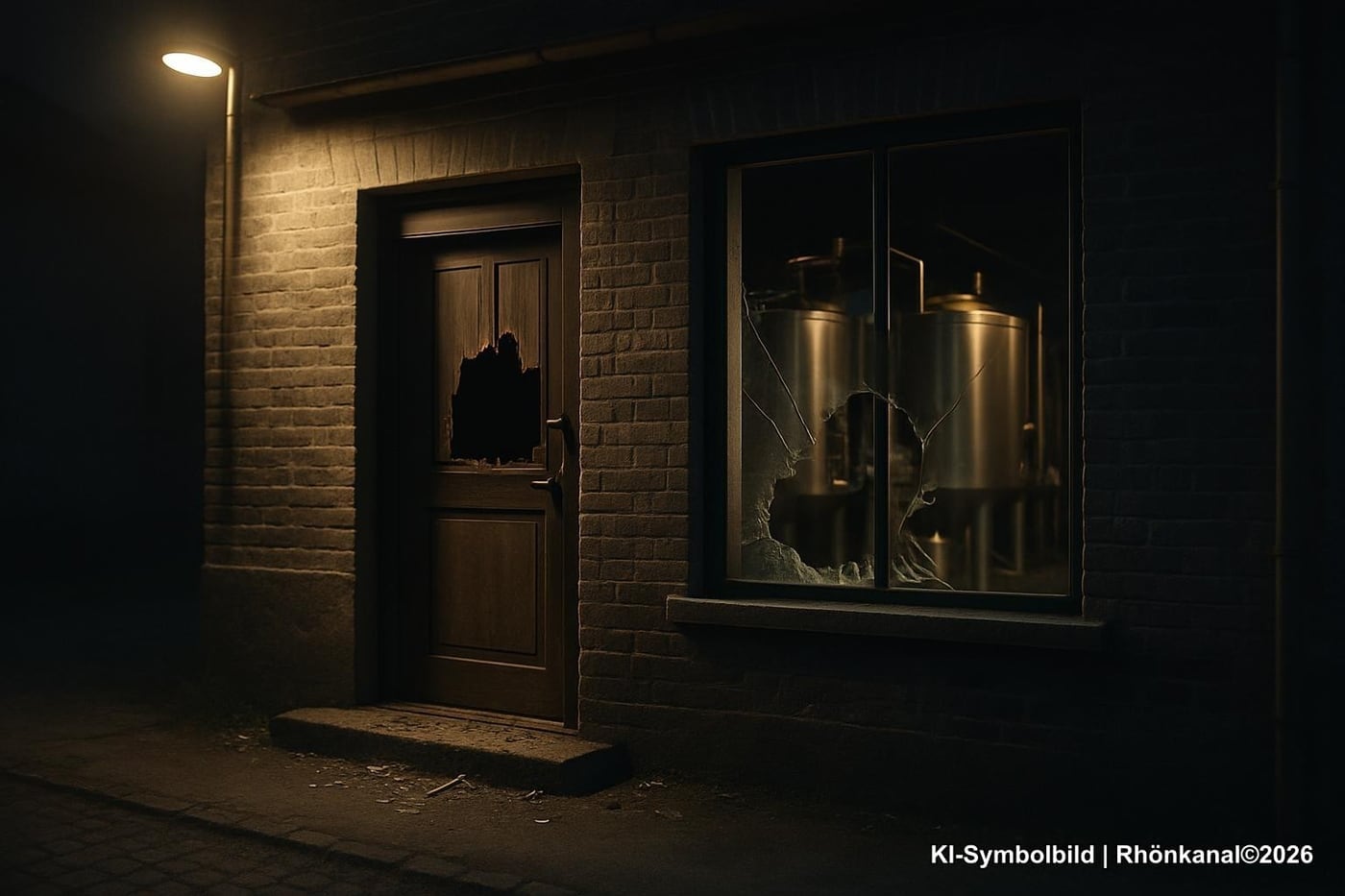 Symbolbild: Einbruchsschaden an einem gewerblichen Gebäude — zerstörte Tür und zerbrochenes Glas, keine Personen sichtbar