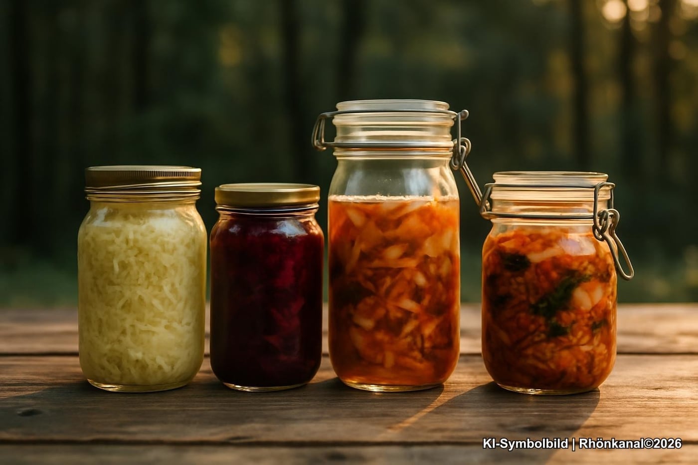 Drei verschlossene Einmachgläser mit verschiedenen fermentierten Gemüsen auf Holz (Symbolfoto).
