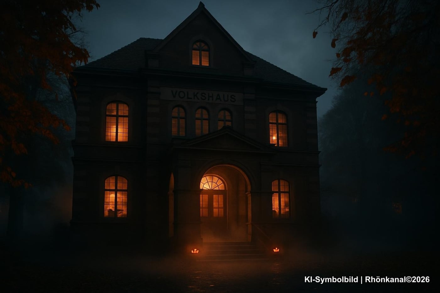 Symbolische Darstellung: Nebel und stimmungsvolle Beleuchtung vor einem Veranstaltungsgebäude als Hinweis auf die Halloween‑Atmosphäre im Volkshaus Meiningen.