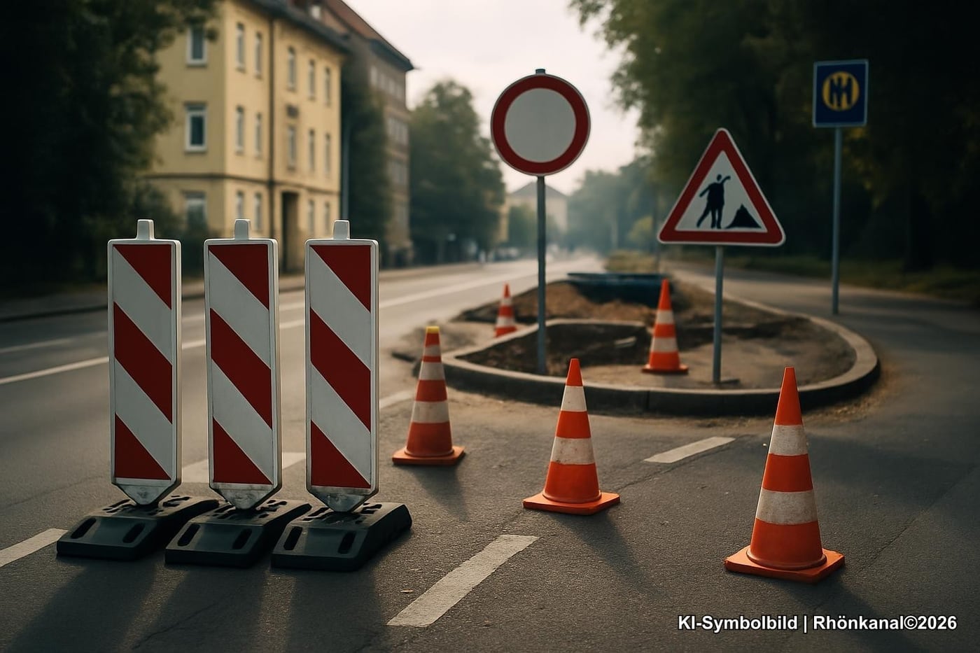 Symbolbild: Baustellenabsperrung an einer Straßenhälfte mit Umleitungsschild