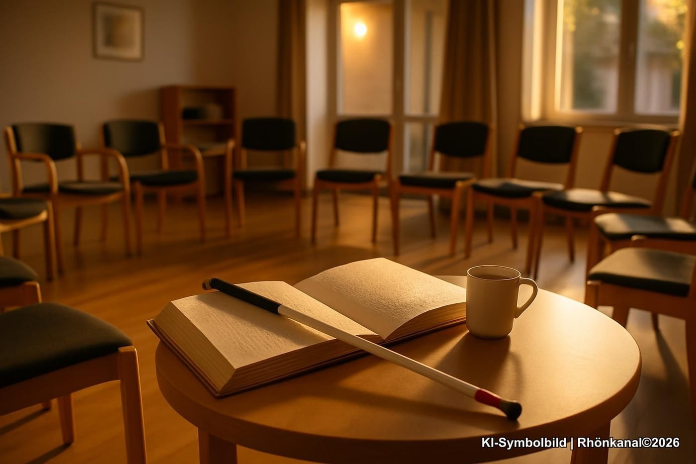 Symbolbild: Einladender Stuhlkreis in einem Mehrzweckraum mit Blindenlangstock und Braille-Buch auf einem Tisch.