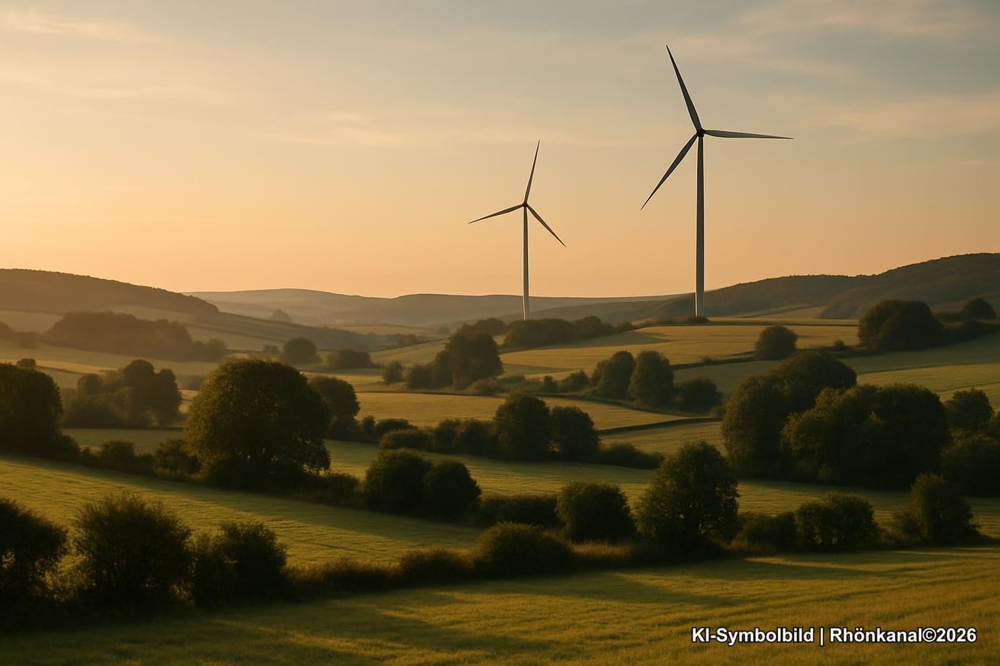 Symbolbild: Windräder in einer offenen, hügeligen Kulturlandschaft mit Waldinseln