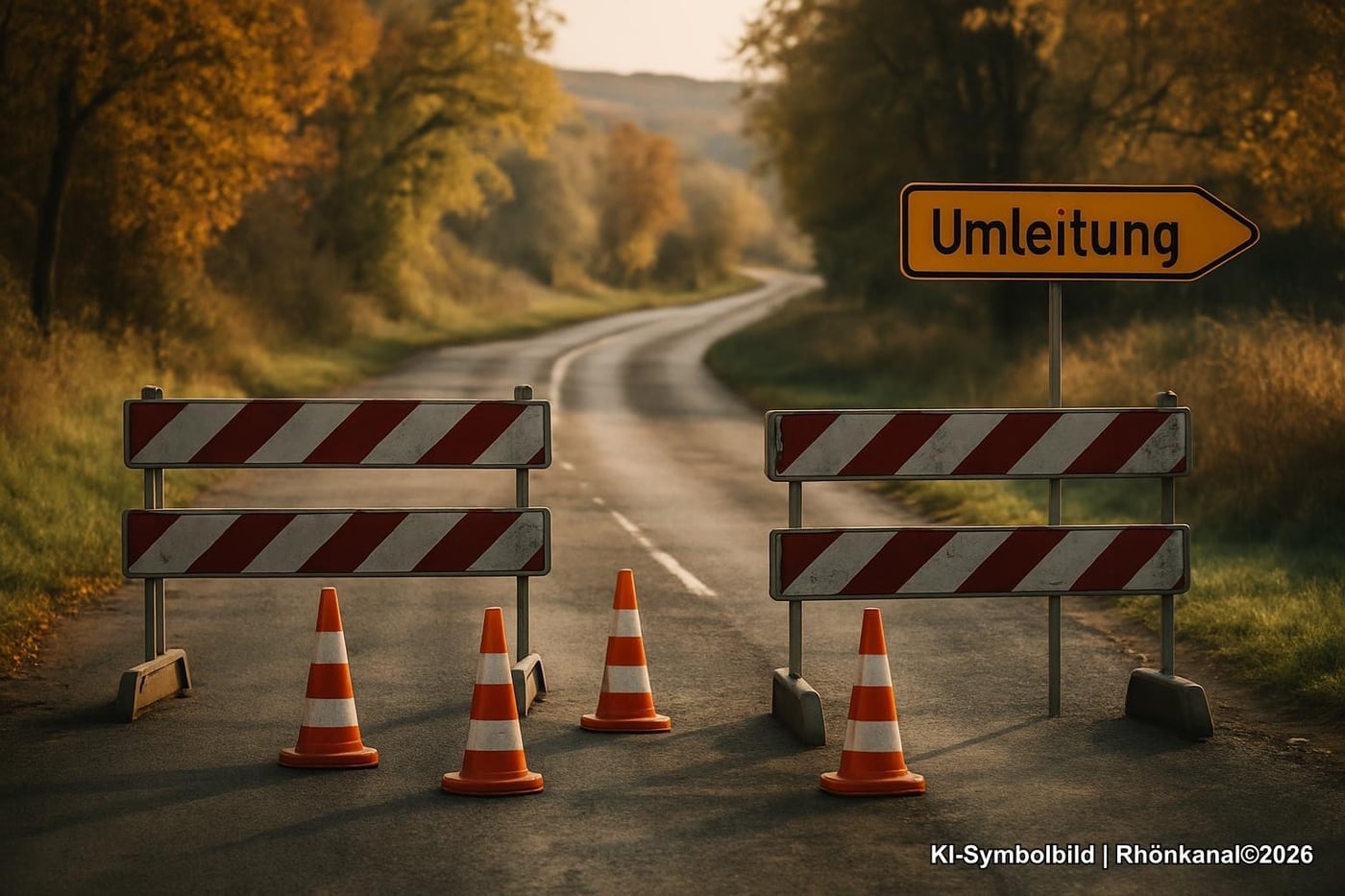 Symbolbild: Absperrbaken und Umleitungszeichen auf einer Landstraße, keine erkennbaren Personen.