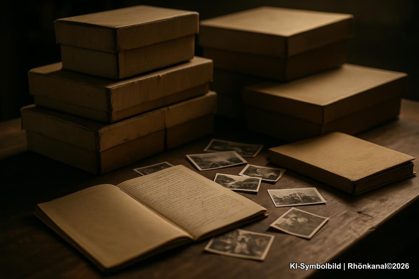 Archivkisten, Fotografien und Akten symbolisieren die Bewahrung regionaler Erinnerungen im Kreisarchiv.