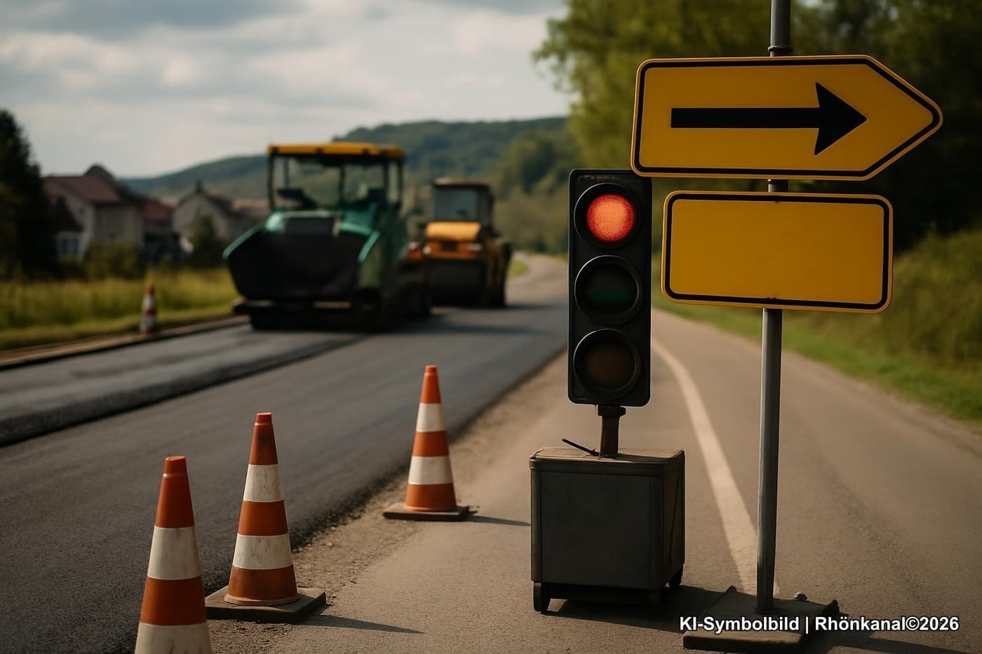 Symbolbild: Baustelle mit Umleitungsschild und provisorischer Ampel an einer Landstraße