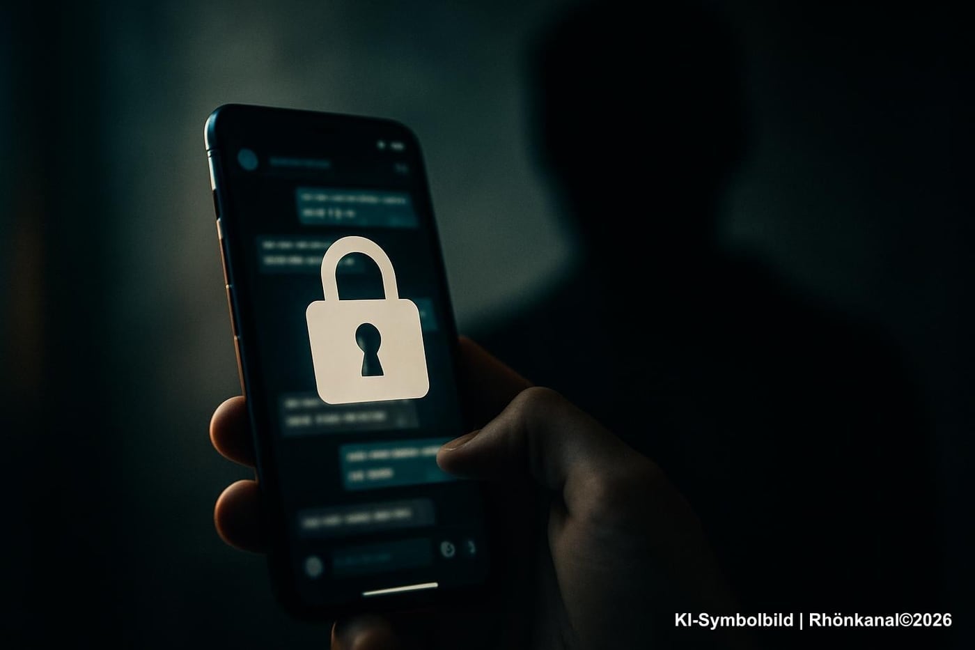 Smartphone‑Chat mit Schloss‑Symbol und schemenhafter Silhouette als Symbol für Online‑Erpressung.