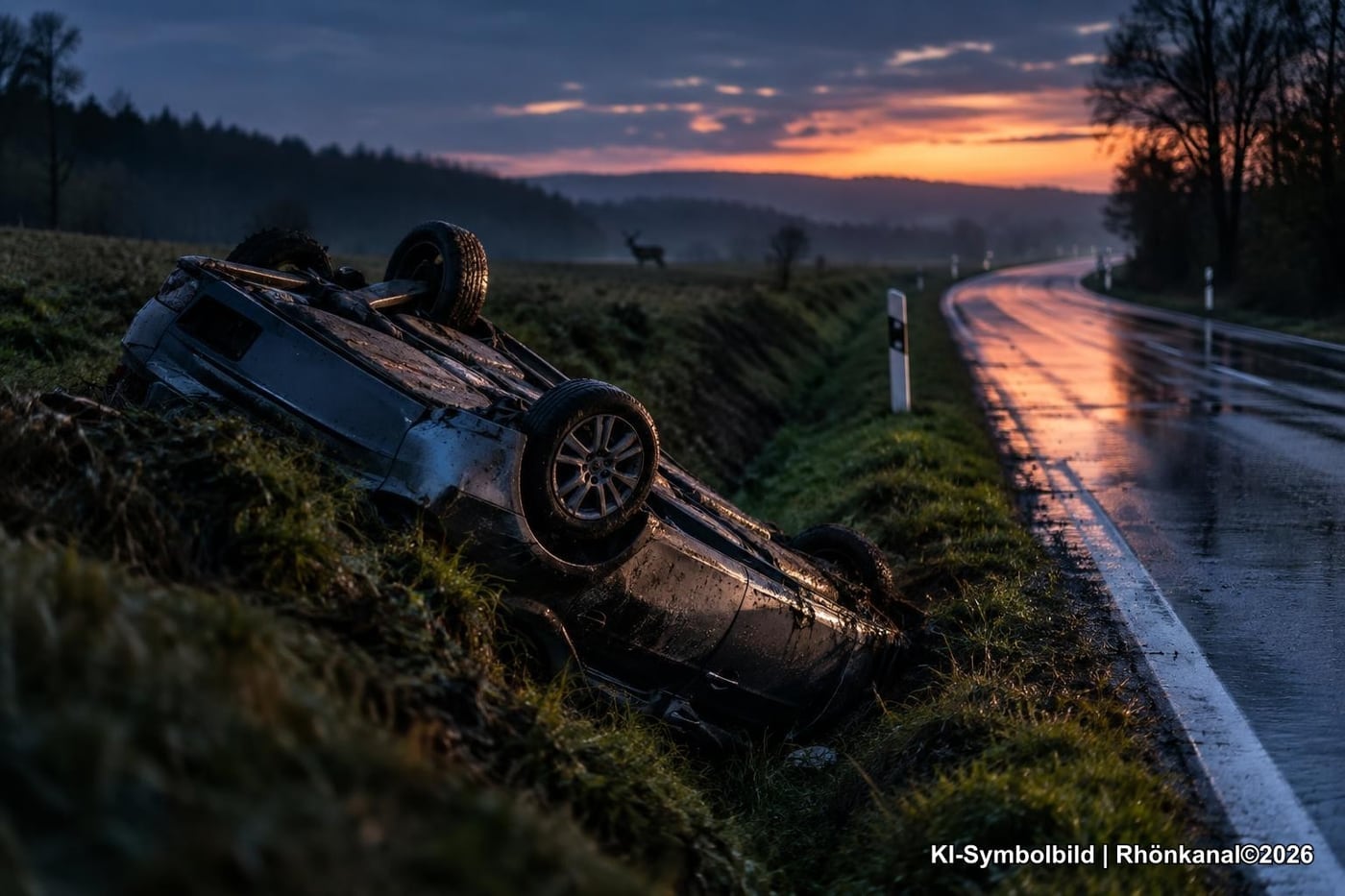 Symbolbild: Unfallfahrzeug liegt in einem Graben neben einer Landstraße bei Dämmerung (nicht der Unfallort)