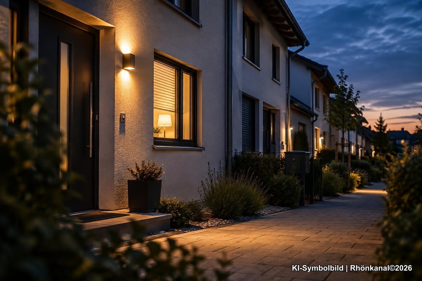 Symbolbild: Wohnhaus in der Dämmerung mit eingeschalteter Außenbeleuchtung
