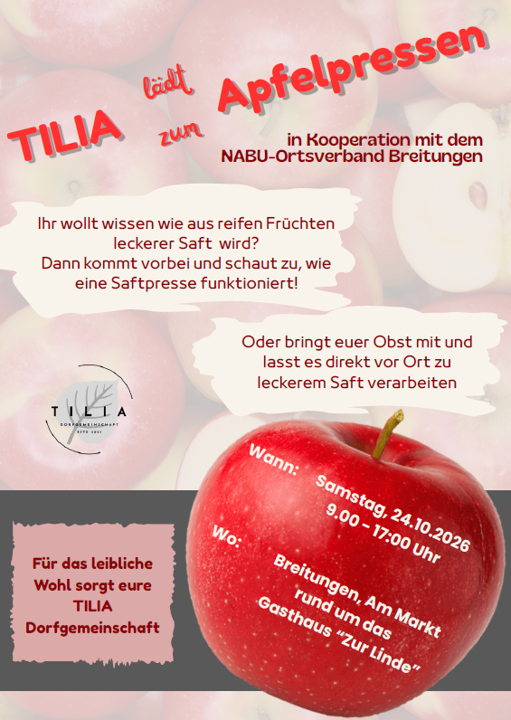 Apfelpressen im Gasthaus zur Linde in Breitungen am 24. Oktober in Gasthaus zur Linde, Am Markt, Breitungen/Werra 24.10.26