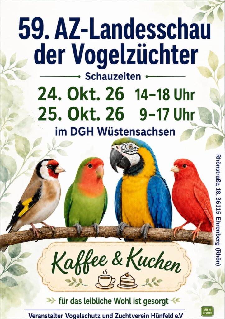 59. AZ-Landesschau der Vogelzüchter in Wüstensachsen: Bis zu 1.000 Nachzuchten zu sehen in Bürgerhaus (DGH) Wüstensachsen, Ehrenberg 24.10. – 25.10.26